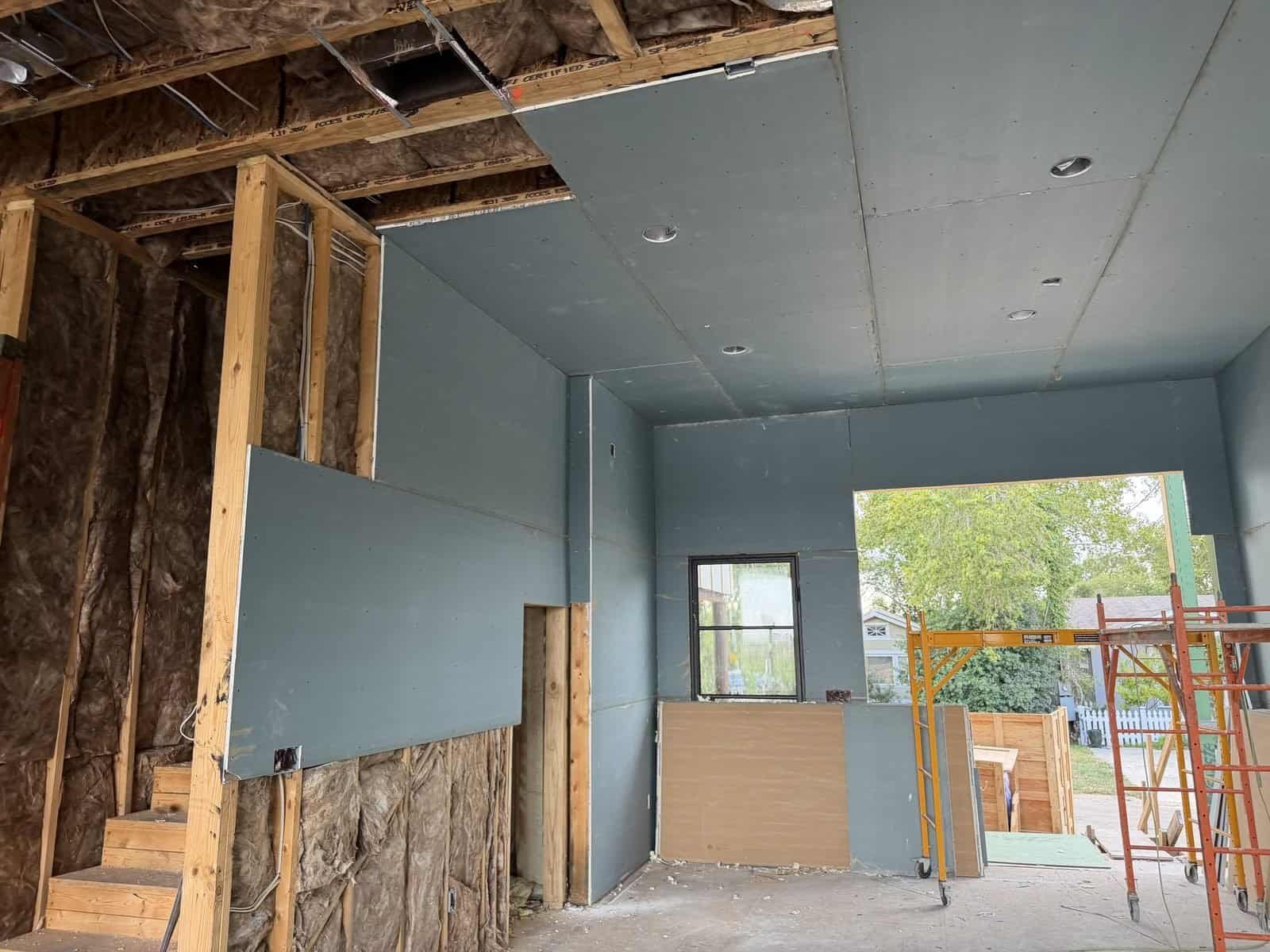 Sheetrock going up inside Sunny Waves, the new Texas Waves lake house on Lake Dunlap
