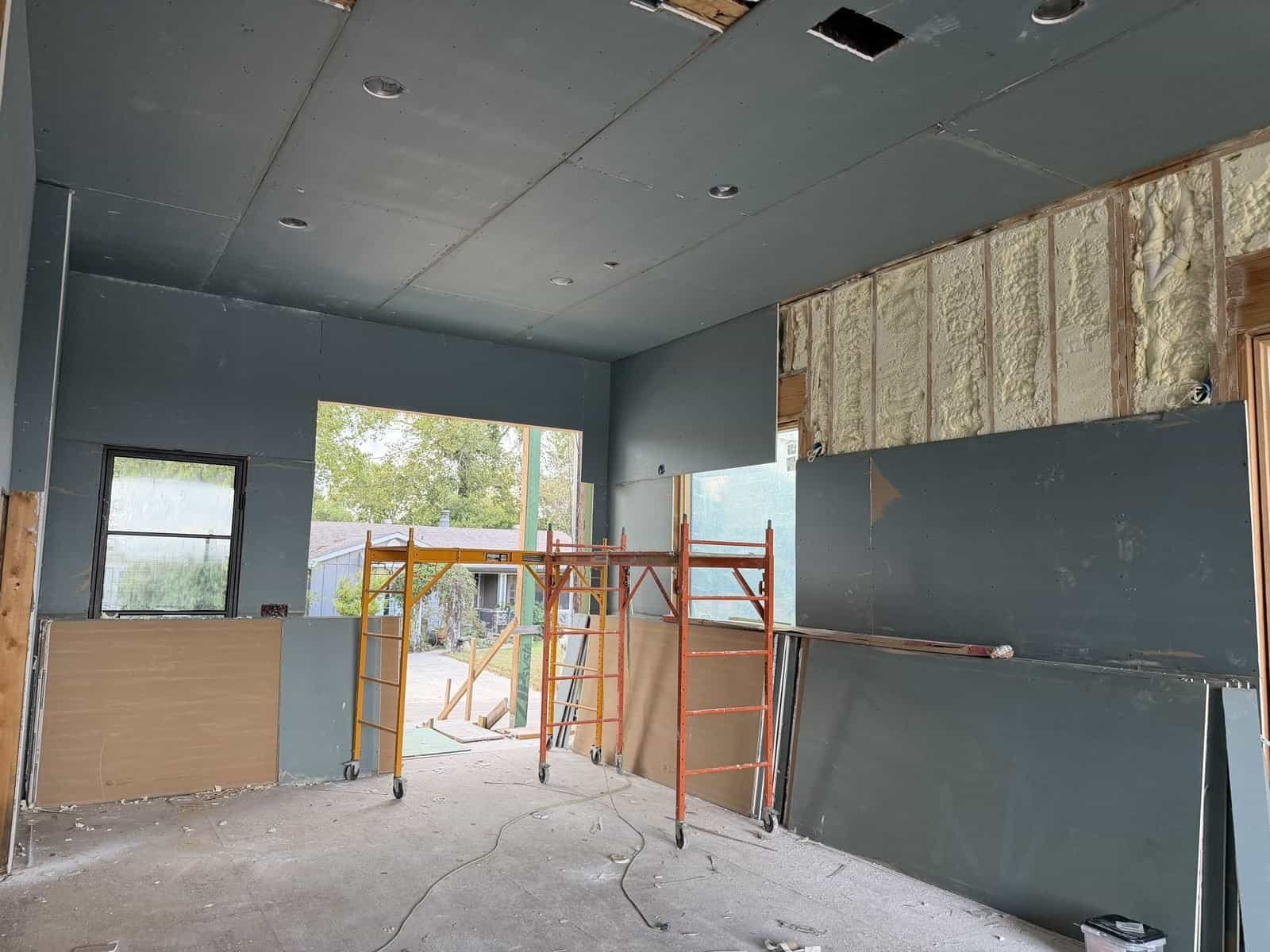 Drywall installed in the main living area at Sunny Waves on Lake Dunlap